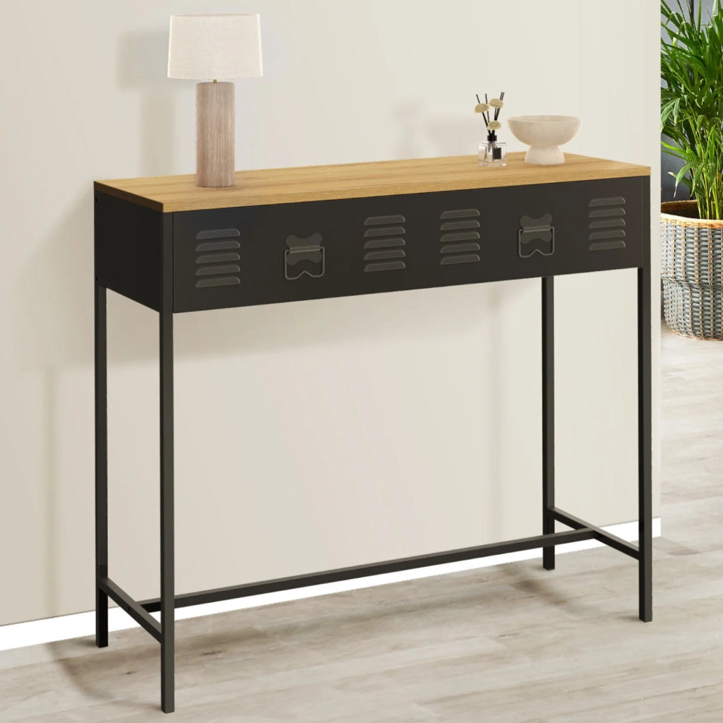 IDMarket - Consolle a 1 cassetto ESTER con piano in metallo nero e legno dal design industriale