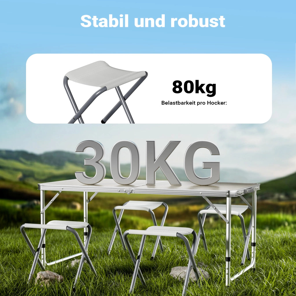 Set da campeggio con tavolo pieghevole regolabile in altezza e 4 sedie richiudibili per uso outdoor