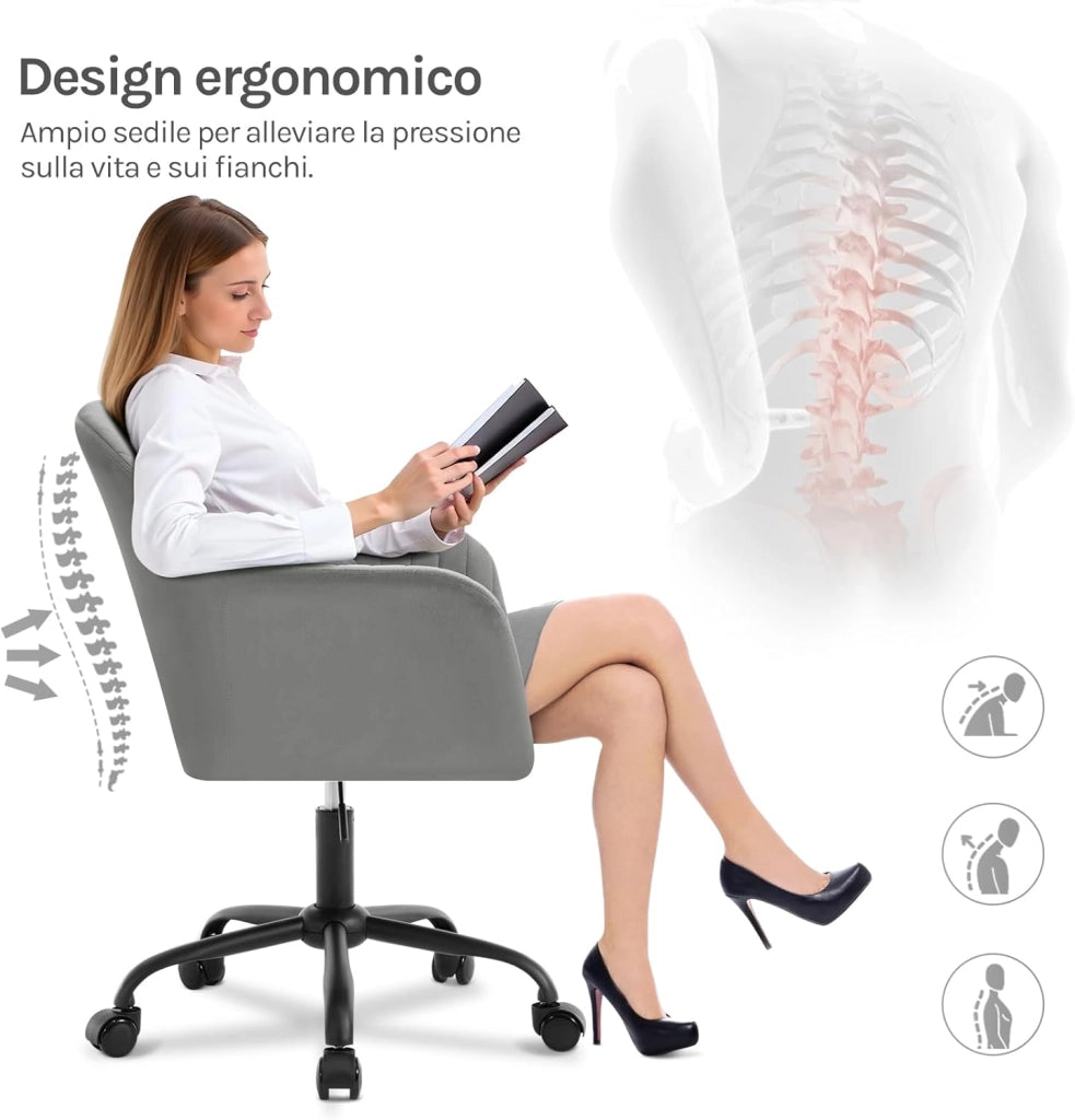Sedia da Ufficio, Sedia da Toeletta, Poltrona Ergonomica, Ampia, in Velluto Imbottita, Regolabile in Altezza per Ufficio e Camera da Letto, Grigio Chiaro, BS166hgr