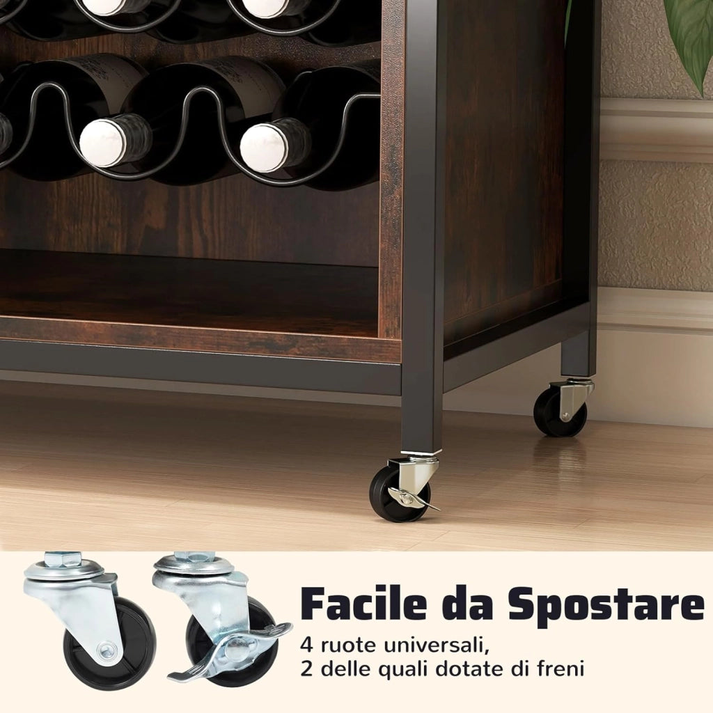 Mobile Bar per Vino con Luce LED, Credenza Buffet da Cucina con Ruote, Ripiani Regolabili, Supporti per Bicchieri e Bottiglie, per Sala da Pranzo e Soggiorno, 108 × 40 × 81 cm