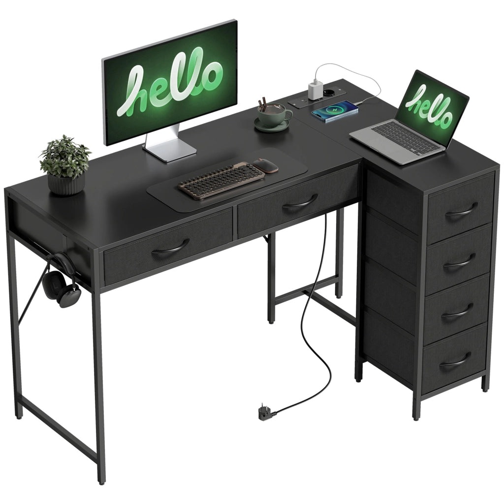 Scrivania Angolare con 6 Cassetti ¨C Zephmum ¨C Legno e Acciaio, Nero, 126x48x80 cm