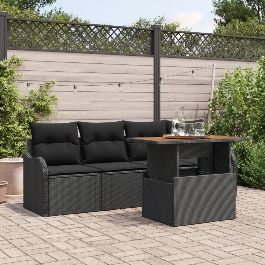 Set Divano da Giardino  5 Pezzi con Cuscini Rattan Polyrattan Nero