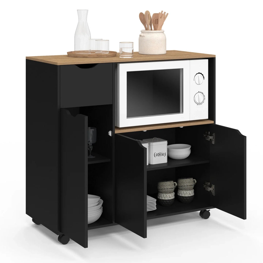 IDMarket - Credenza COSI XXL per microonde con cassetto in legno nero e ripiani in faggio L.90 cm