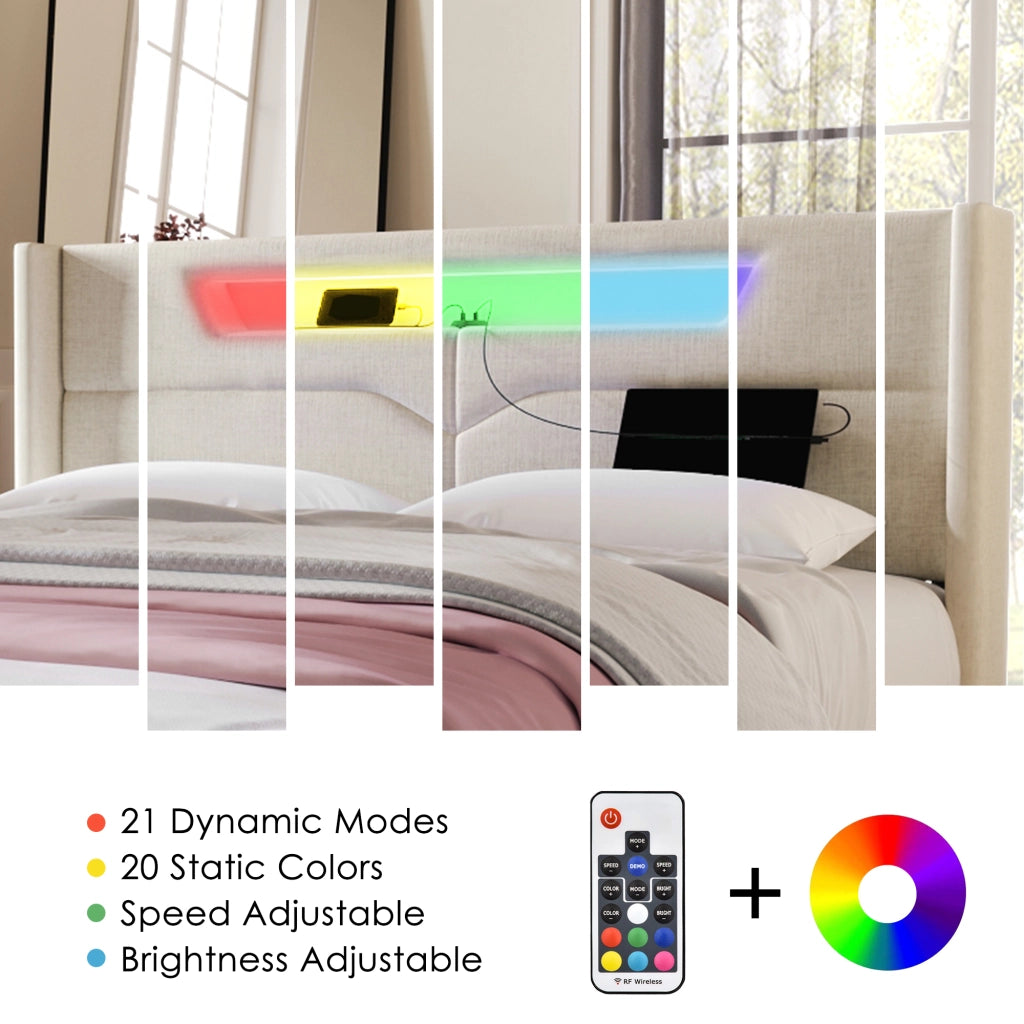 Letto matrimoniale LED – 160x200 cm – USBC contenitore – lino beige