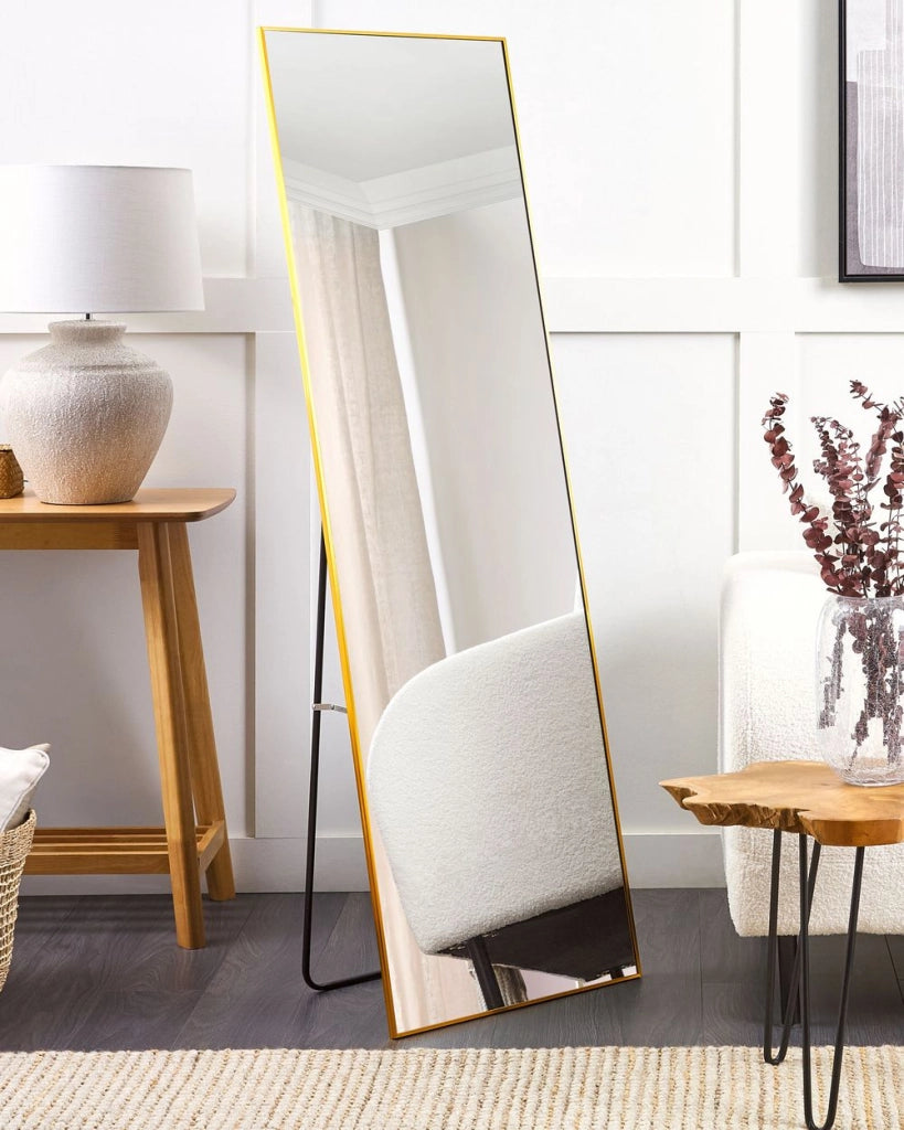 Specchio da appoggio cornice rettangolare in alluminio oro 170 x 57 cm con supporto design moderno incorniciato a figura intera