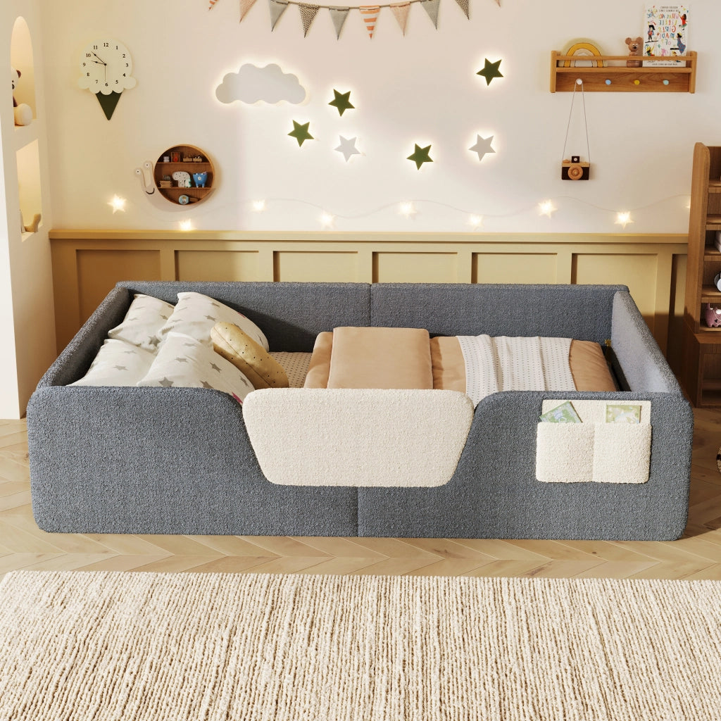 Letto per bambini 140×190 cm con sponde removibili e tasca portaoggetti; senza materasso; velluto; grigio