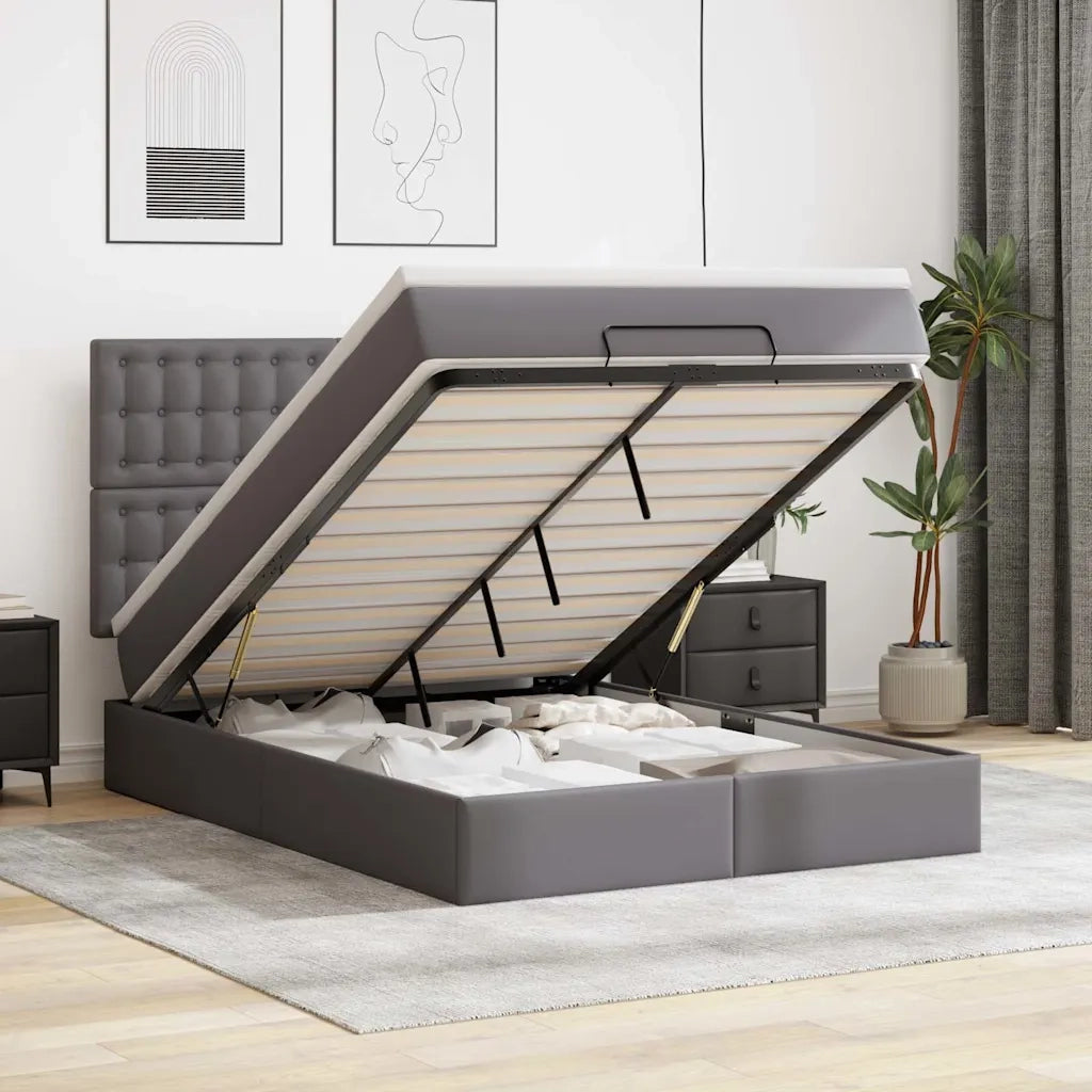 Struttura Letto Pouf con Materasso Grigio 140x200 cm Similpelle 3313009