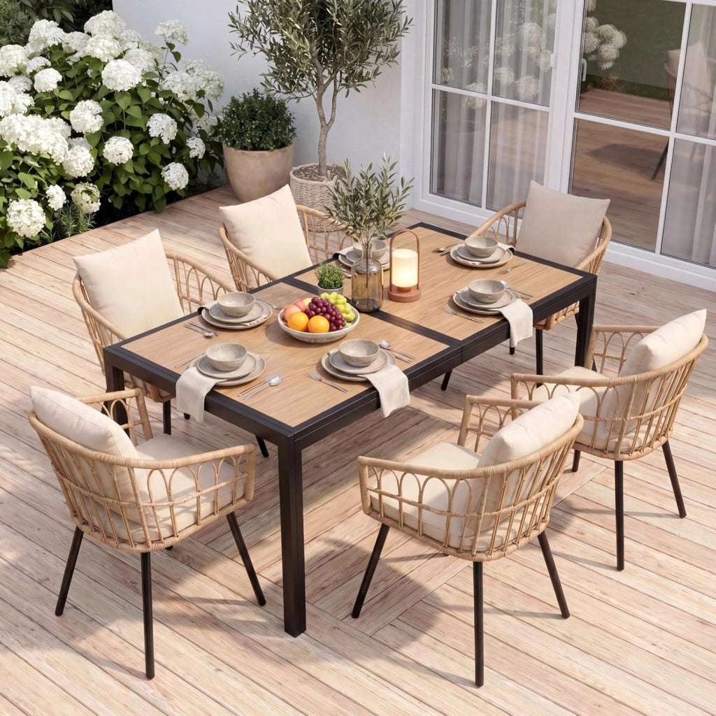 Tavolo da Giardino Grande 150×80×72cm DPC, Tavolo da Balcone Rettangolare, Tavolo da Pranzo per Esterno con Struttura in Metallo e Piedini Antiscivolo, per 4-6 Persone, Nero