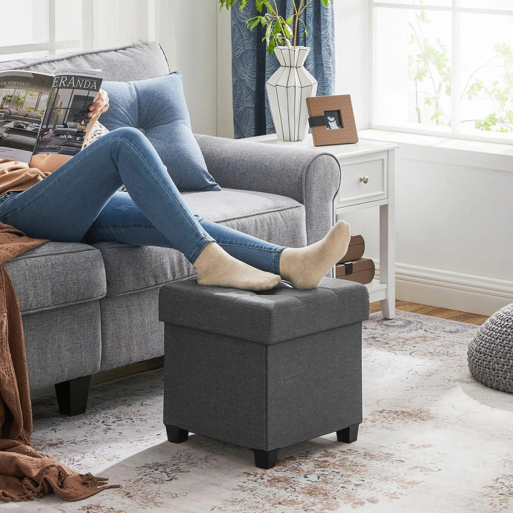 Pouf contenitore pieghevole in tessuto effetto lino grigio