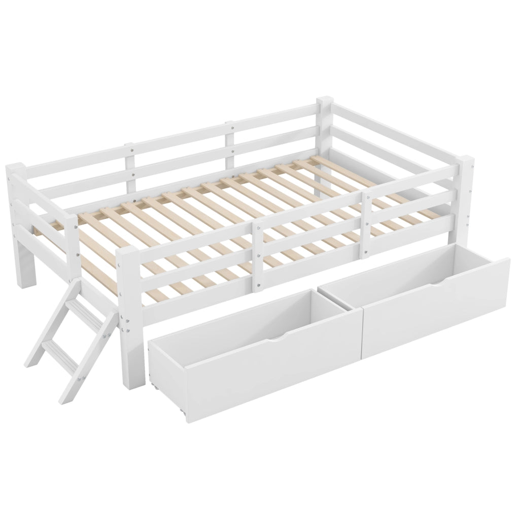 Letto piattaforma 90 x 200 cm con sponde protettive e 2 cassetti bianco