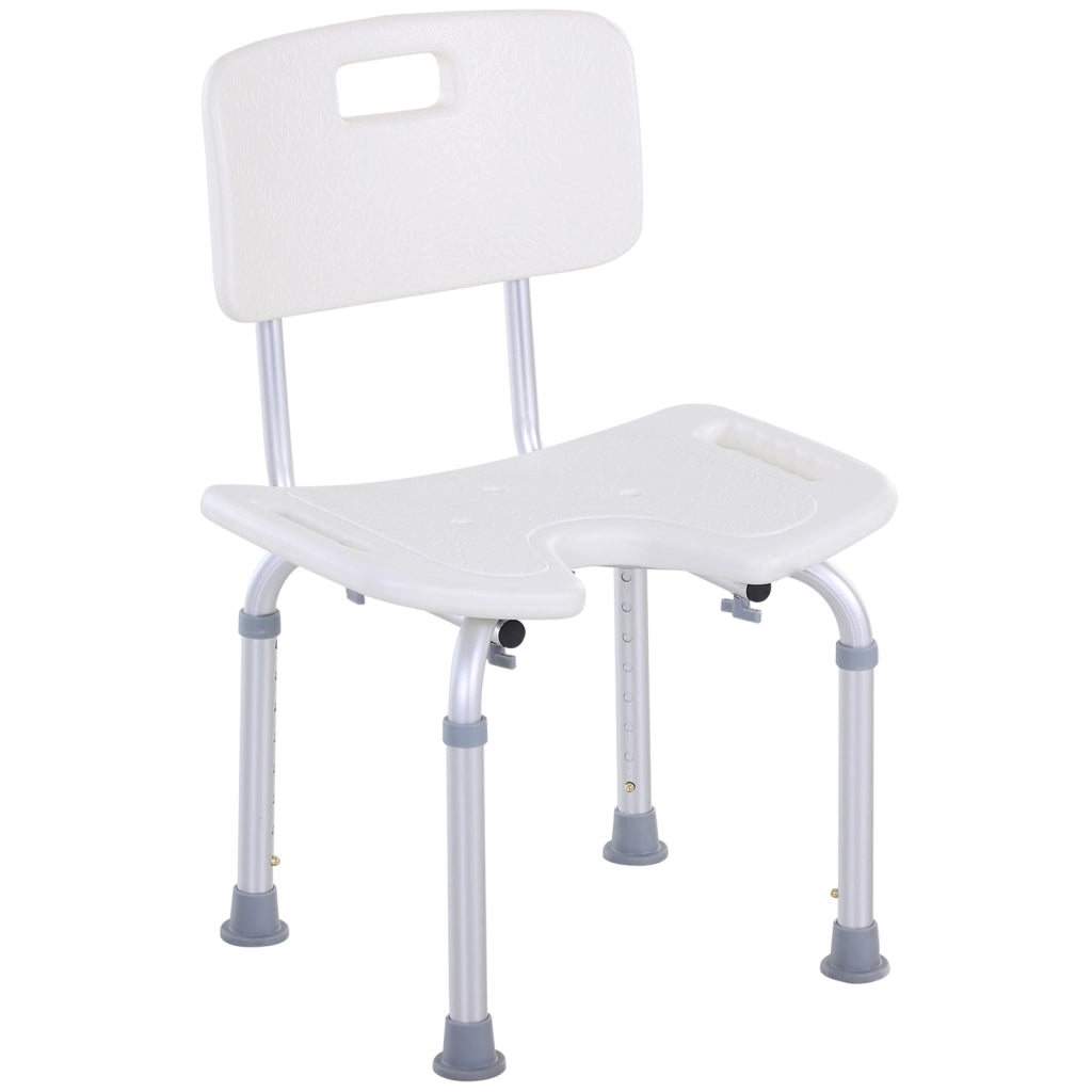 Sedia Doccia Regolabile su 8 Livelli con Fori di Drenaggio, in Alluminio e PE, 48x42x71-83.5 cm, Bianco e Argento
