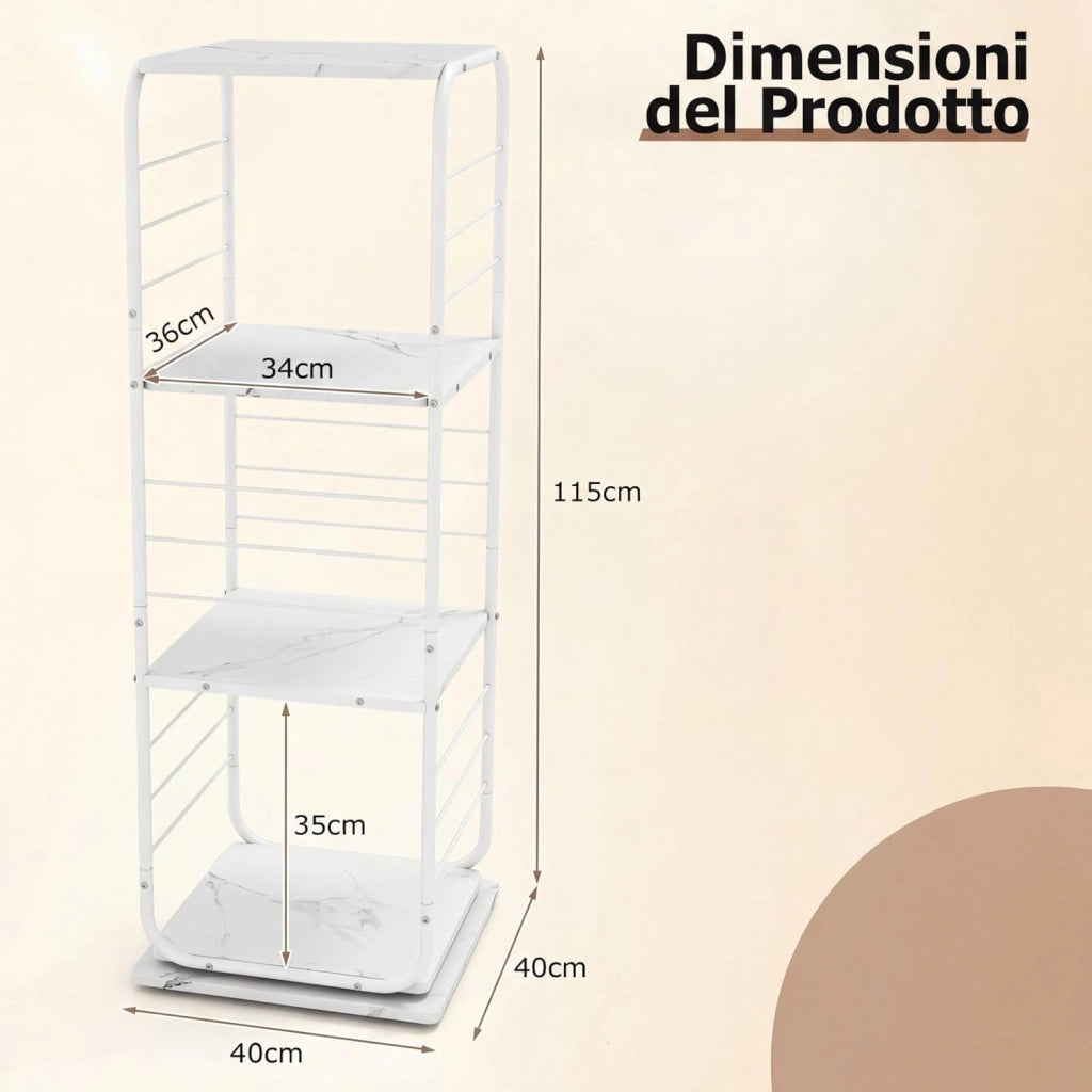 Libreria Girevole a 4 Ripiani, Torretta Libreria Rotante a 360° con Struttura in Metallo, Scaffale d'Angolo Salvaspazio per Casa, Ufficio e Soggiorno, 40x40x115 cm (Bianco)
