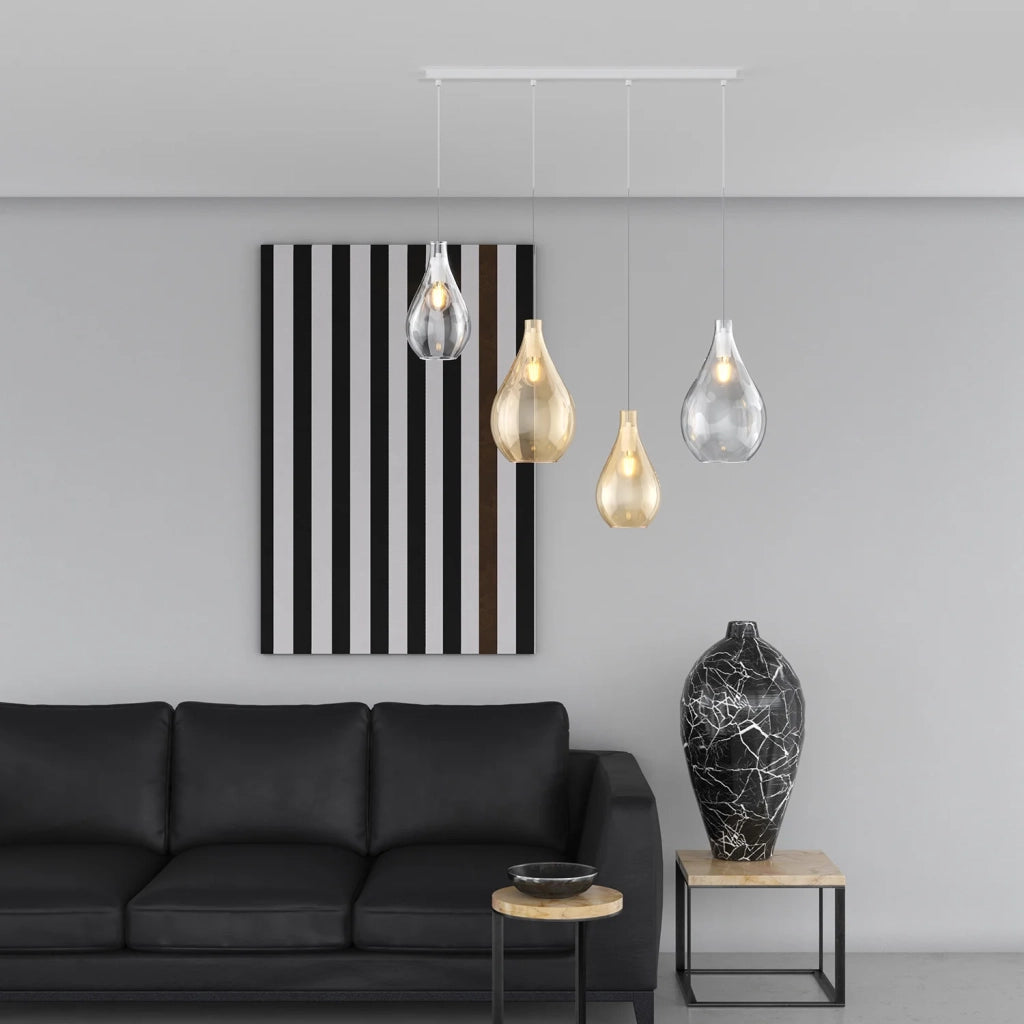 Lampadario Contemporaneo Drop 2.0 Metallo Bianco Vetro Trasp-Ambra 4 Luci E27