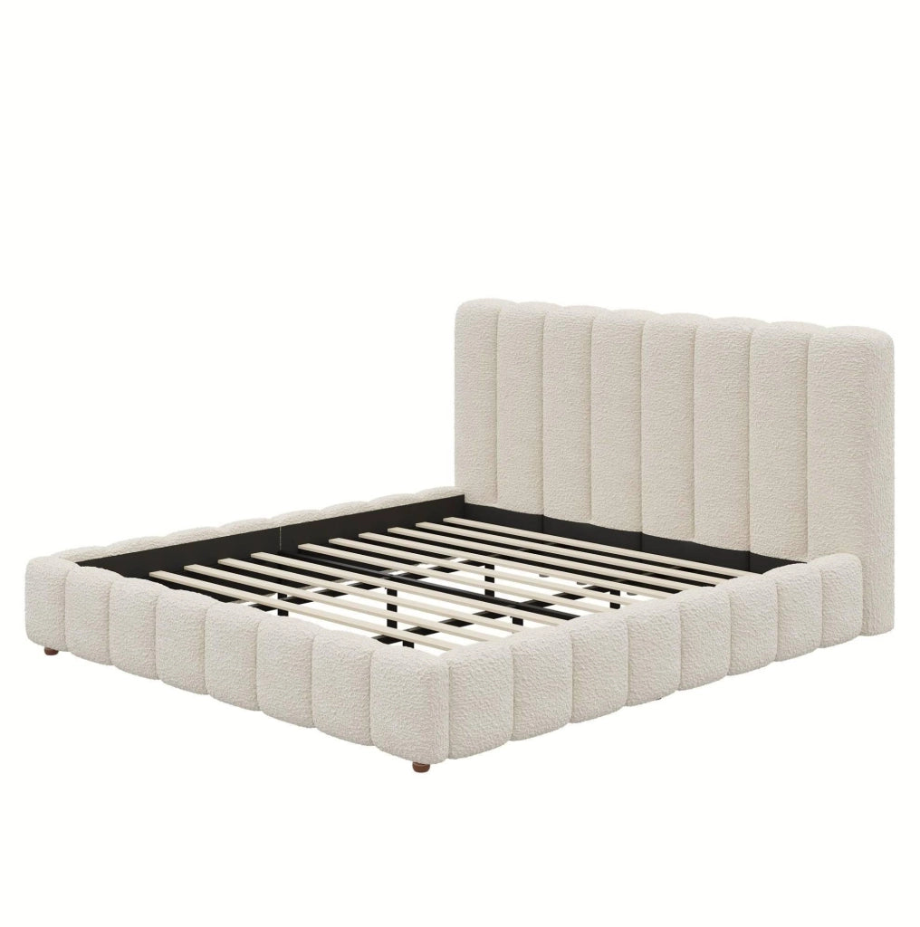 Letto matrimoniale imbottito 180x200 cm in bouclé bianco con rete a doghe