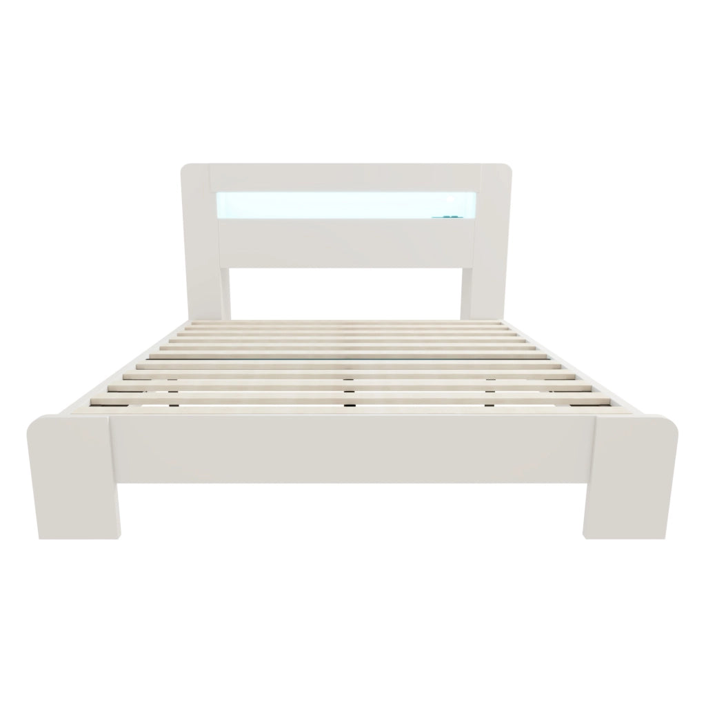 Letto multifunzione in legno 140x200 cm con testiera contenitiva, LED e prese