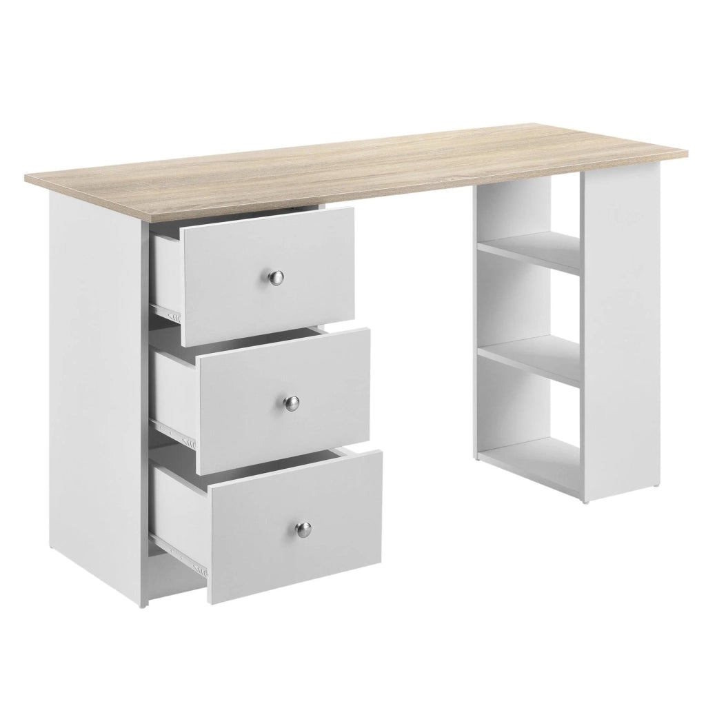 Scrivania/postazione di lavoro per computer con 3 cassetti 120 cm bianco e legno 03_0004709