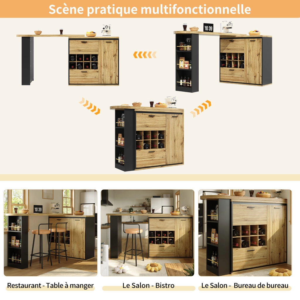 Tavolo da Pranzo Allungabile con 2 Cassetti; Portabottiglie e Ripiani Aperti in MDF e Metallo; Legno