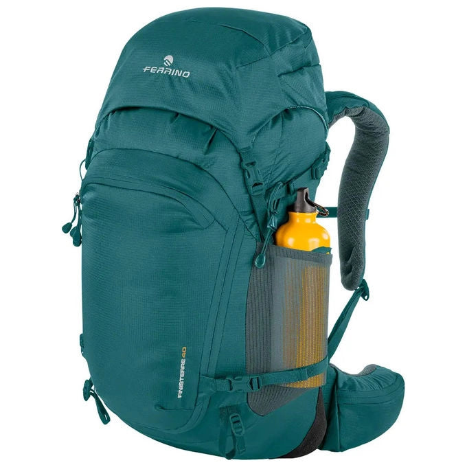 Ferrino zaino trekking Finisterre 40L, uomo, verde, Dry Net System, copertura antipioggia, materiale riciclato