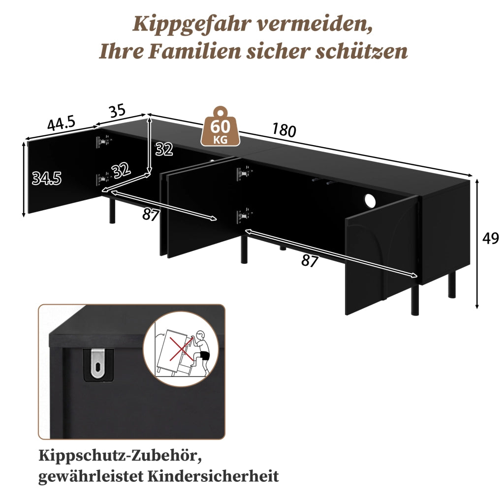 Mobile porta TV con 4 ante e 2 vani separati, piedi in metallo, per soggiorno, in MDF e PB, nero, 180 × 35 × 49 cm