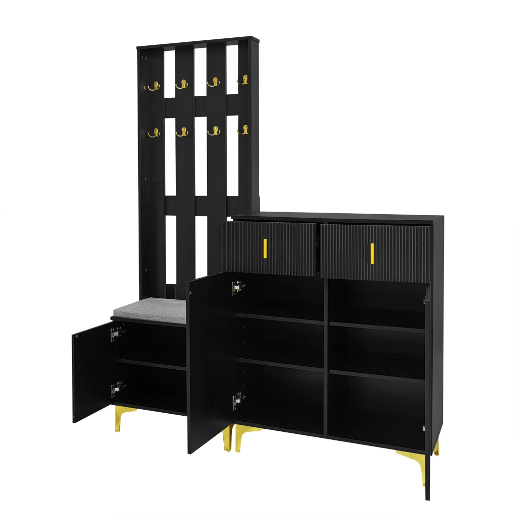 Set ingresso nero con scarpiera; appendiabiti e cuscino in truciolare; 60;5x35;2x180;5 cm