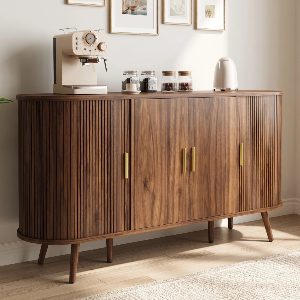 Credenza, mobile per l'ingresso, ante scorrevoli, maniglie in metallo, finitura effetto legno, colore noce
