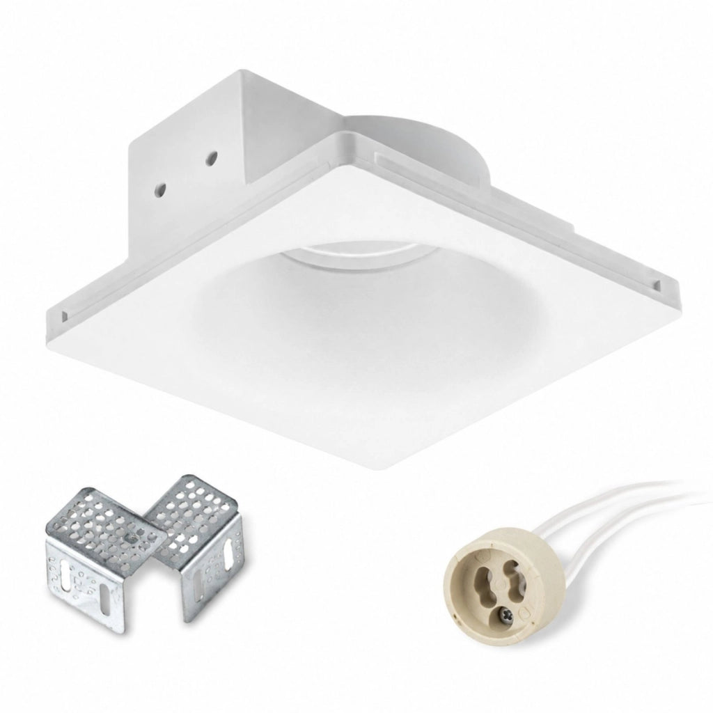 Portafaretto In Gesso Da Incasso, Quadrato 120X120X45mm, Bianco Verniciabile Portalampada GU10 e Connettore Fast Incluso