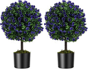Set di 2 Alberi di Topiario Artificiale con Rose Viola, Albero di Bosso Finto da 55 cm con Vaso Riempito di Cemento, Pianta Finta Resistente al Sole per Interni ed Esterni