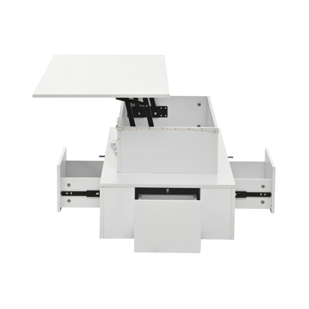 Tavolino da caffè elevabile LED bianco 100x50 cm con 4 cassetti e USB