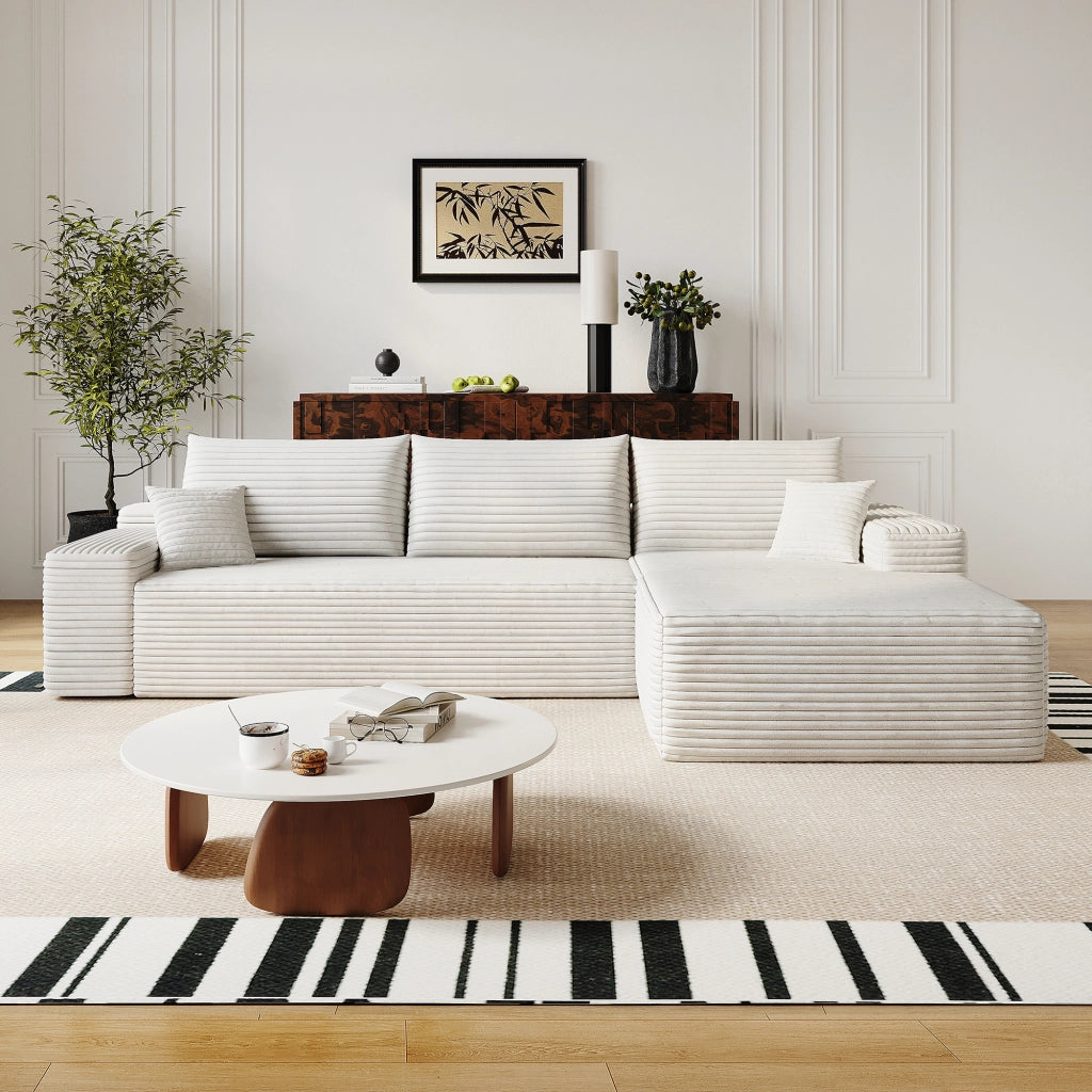 Divano modulare angolare con chaise longue e seduta profonda in tessuto a coste bianco