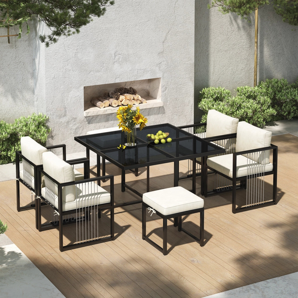 Set Tavolo e Sedie da Giardino con 1 Tavolo Quadrato; 4 Poltrone e 2 Poggiapiedi; Metallo; Vetro; Tessuto; Nero e Bianco
