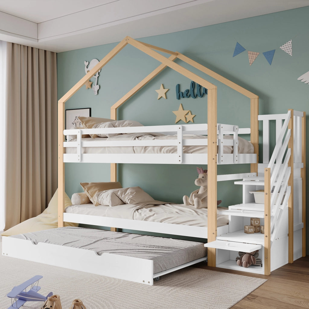 Letto a Castello Estraibile 90x200 cm e 90x190 cm; Letto 3 Posti; con Scala con Cassetti - in Legno e MDF - Bianco Naturale