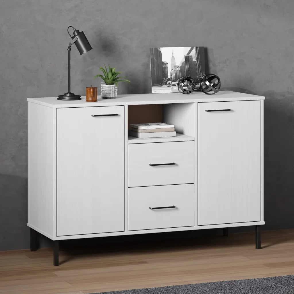 Credenza-Buffet-Armadio da cucina Gambe Metallo Bianco 113x40x77 cm Legno Massello OSLO