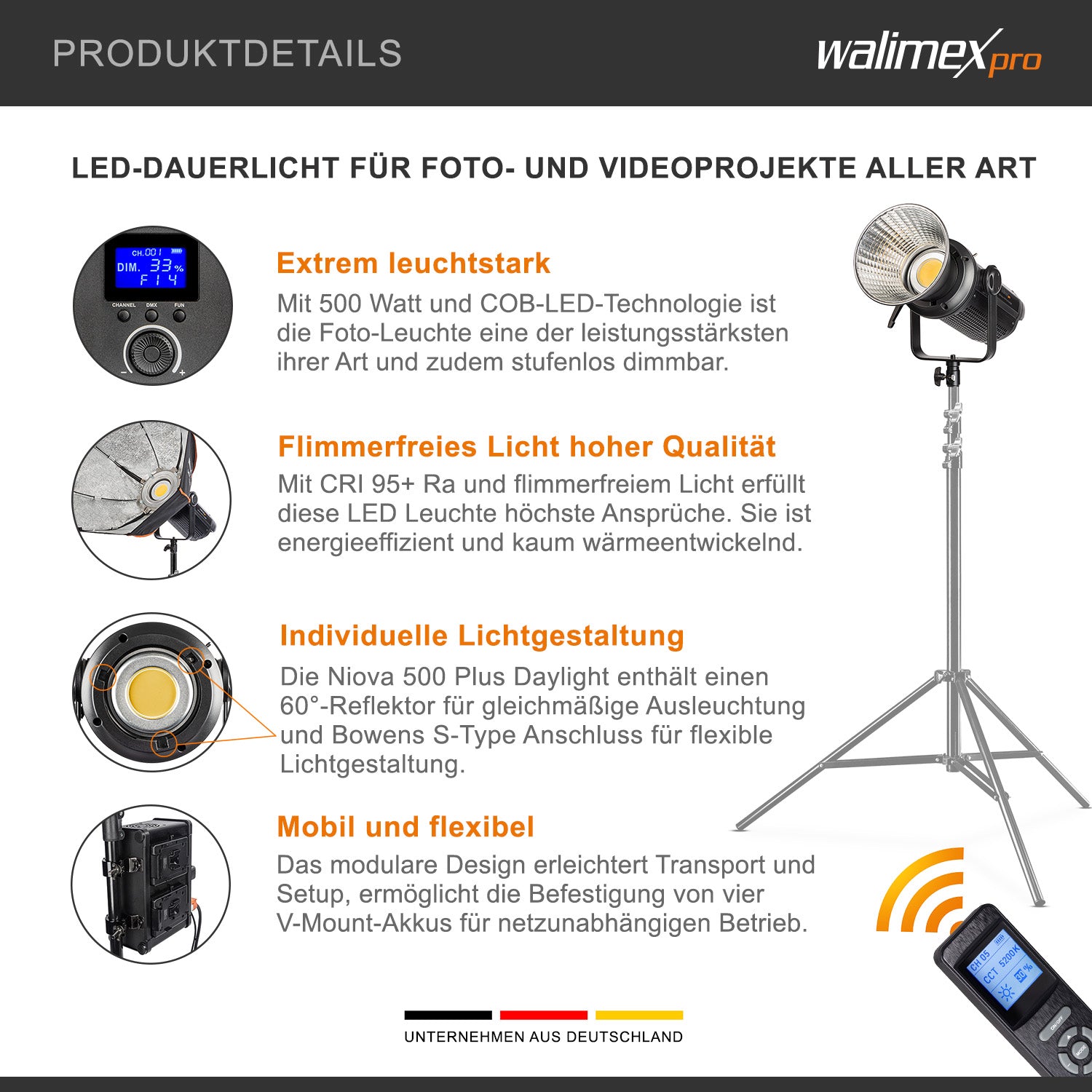 Niova Plus 500 Daylight, Set 2 Faretti LED per fotografia, luce video 500 W, con riflettore Bowens e diffusore, con tecnologia COB-LED, per studio fotografico