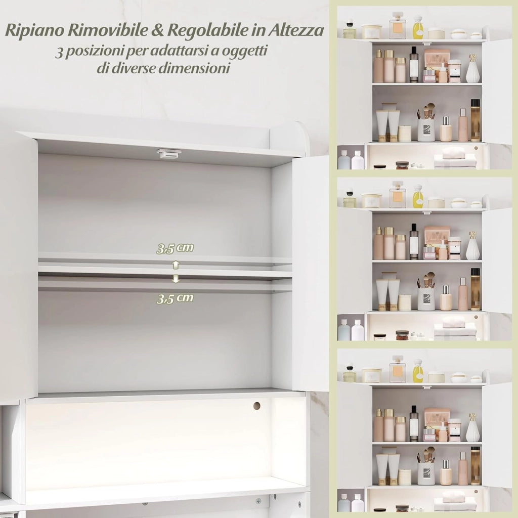 Mobile da Bagno Sopra WC, Scaffale Salvaspazio con Armadietto a 2 Ante, 6 Scomparti Aperti, Porta Fazzoletti, Gancio e Ripiano Regolabile, Mobiletto per Bagno e Lavanderia (Bianco)