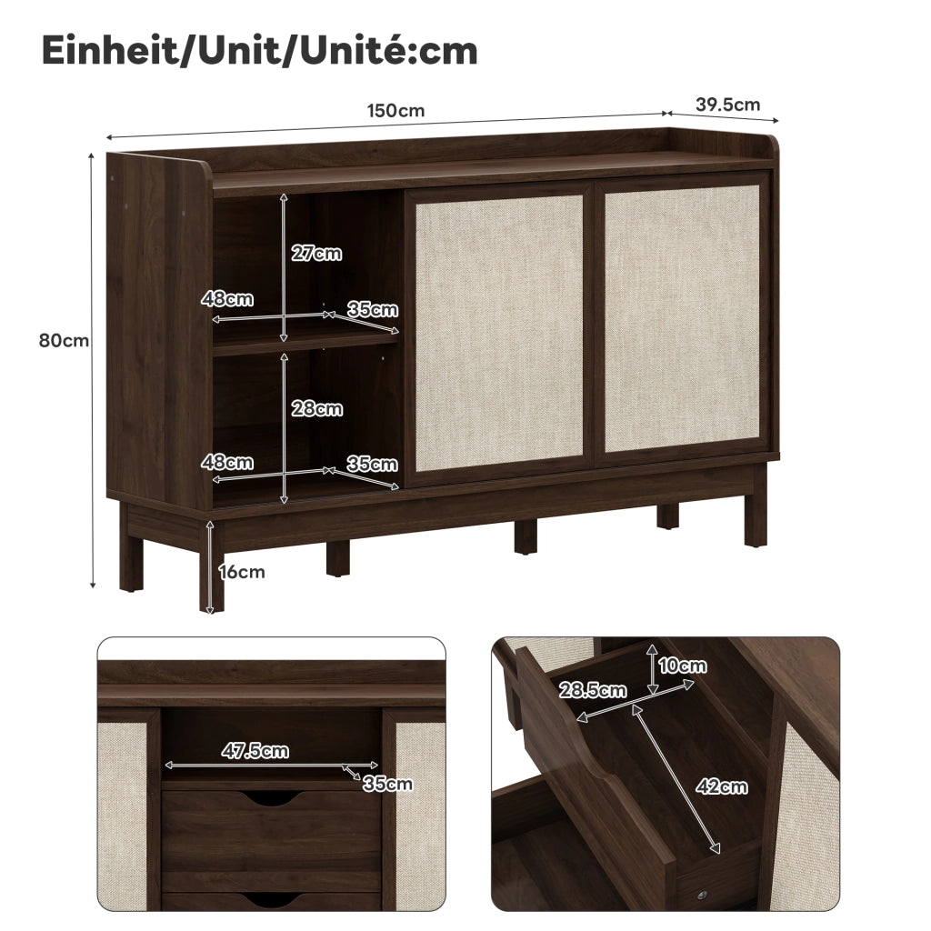 Credenza con 2 Ante Scorrevoli e 2 Cassetti; Ripiani Regolabili; Stile Retr??; in Pannello Truciolare; Naturale; 150??39;5??80 cm