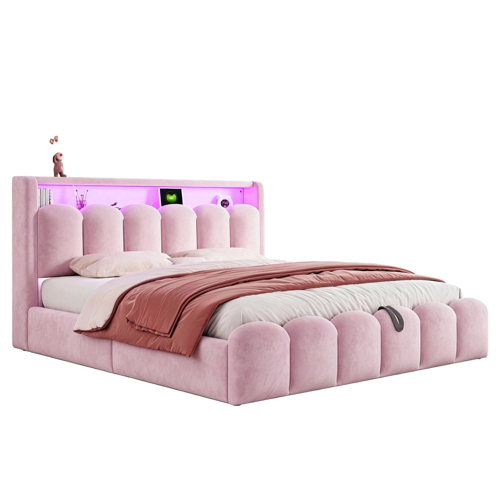LETTO Matrimoniale Contenitore 180x200 cm Velluto Rosa con LED, USB e Type-C