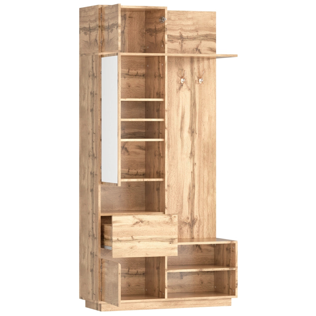 Mobile da ingresso con armadio con specchio, panca portascarpe, cassetti e ganci, in MDF naturale