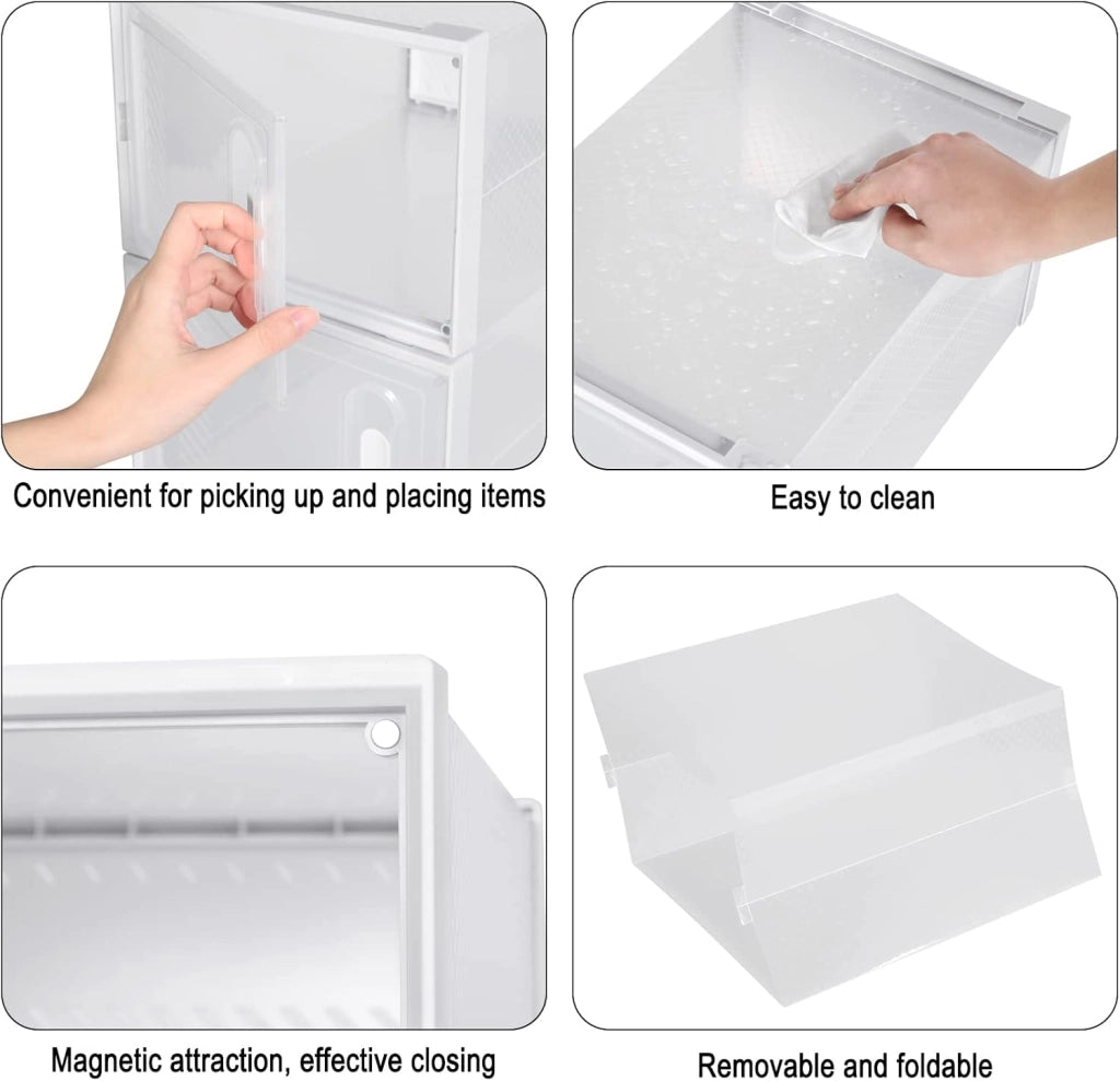 Set di 12 Scatole per Scarpe Contenitore Portascarpe Scarpiera Organizzatore Portaoggetti Impilabile Salvaspazio Coperchio Magnetico Plastica Trasparente Bianco 35x25x19cm