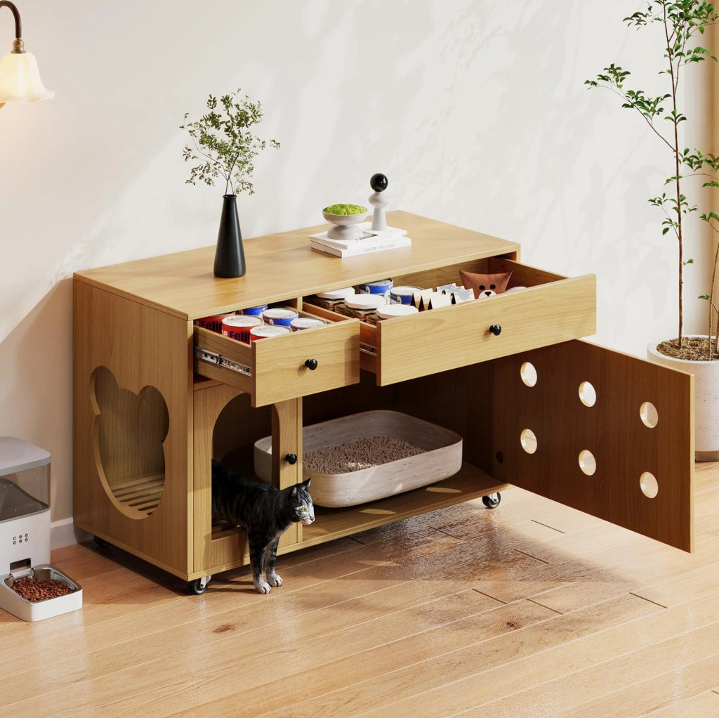 Mobile per lettiera per gatti 100x45x66 cm con cassetti; vassoio raccogli-sabbia amovibile; naturale