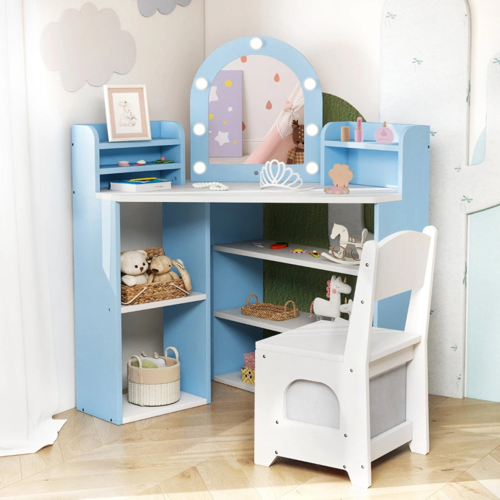 Tocador per bambini con luci set toeletta e sedia principessa con 3 mensole-Tocador per bambini con 5 scomparti aperti Blu