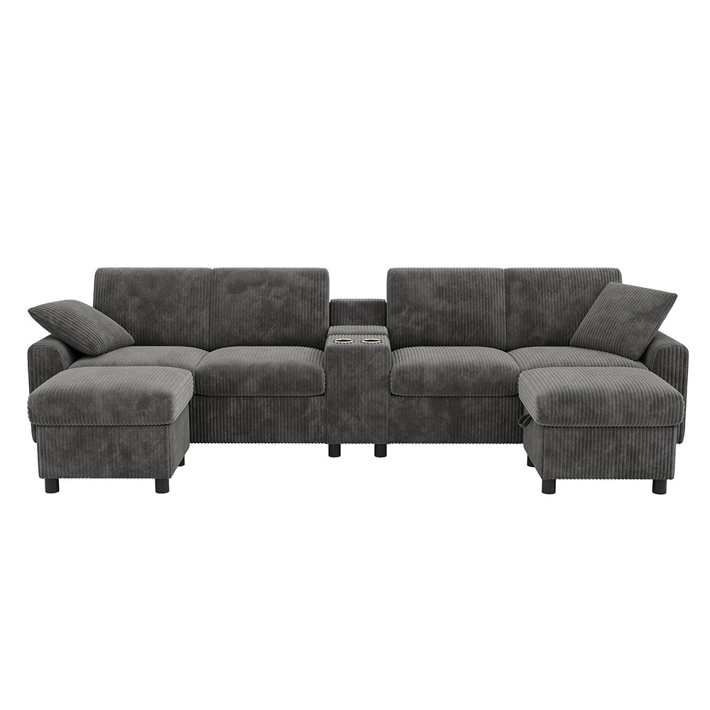 Divano a U in velluto - Xylo - Con 2 poggiapiedi, USB, Type-C, grigio (315cm)