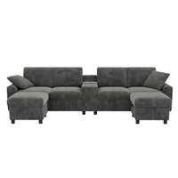 Divano a U in velluto - Xylo - Con 2 poggiapiedi, USB, Type-C, grigio (315cm)