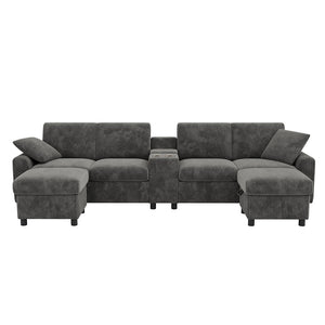 Divano a U in velluto - Xylo - Con 2 poggiapiedi, USB, Type-C, grigio (315cm)