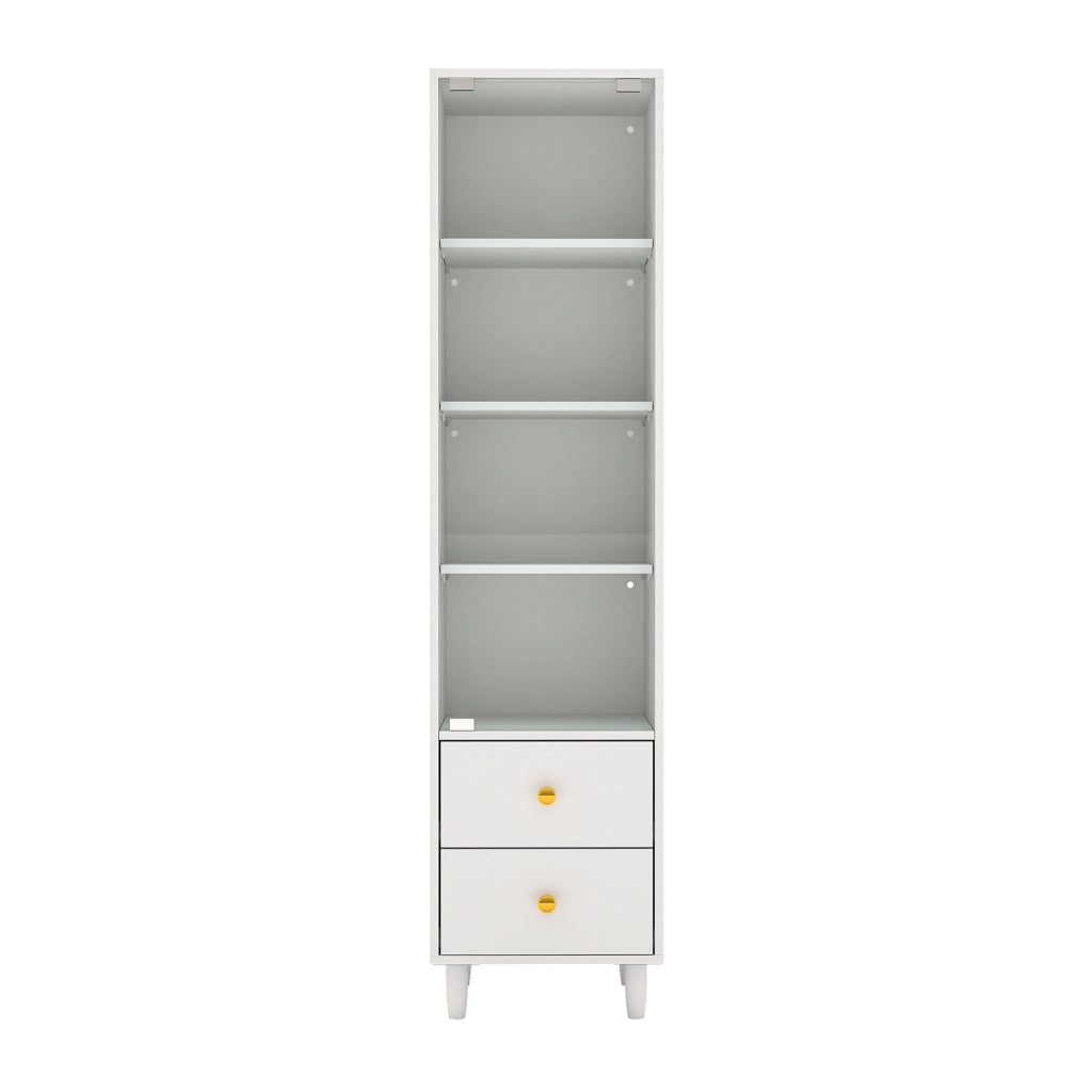 Vetrina con illuminazione LED; 4 ripiani e 2 cassetti in MDF e vetro bianco