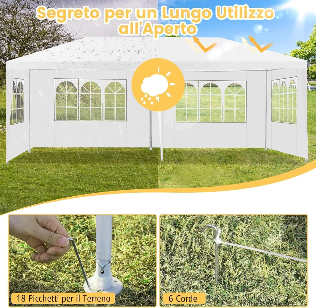 Gazebo da Giardino 3 x 6 m, Tendone per Feste con 4 Tende Laterali Rimovibili e 2 Porte con Cerniera, Con Borsa di Trasporto, Impermeabile Protezione UV