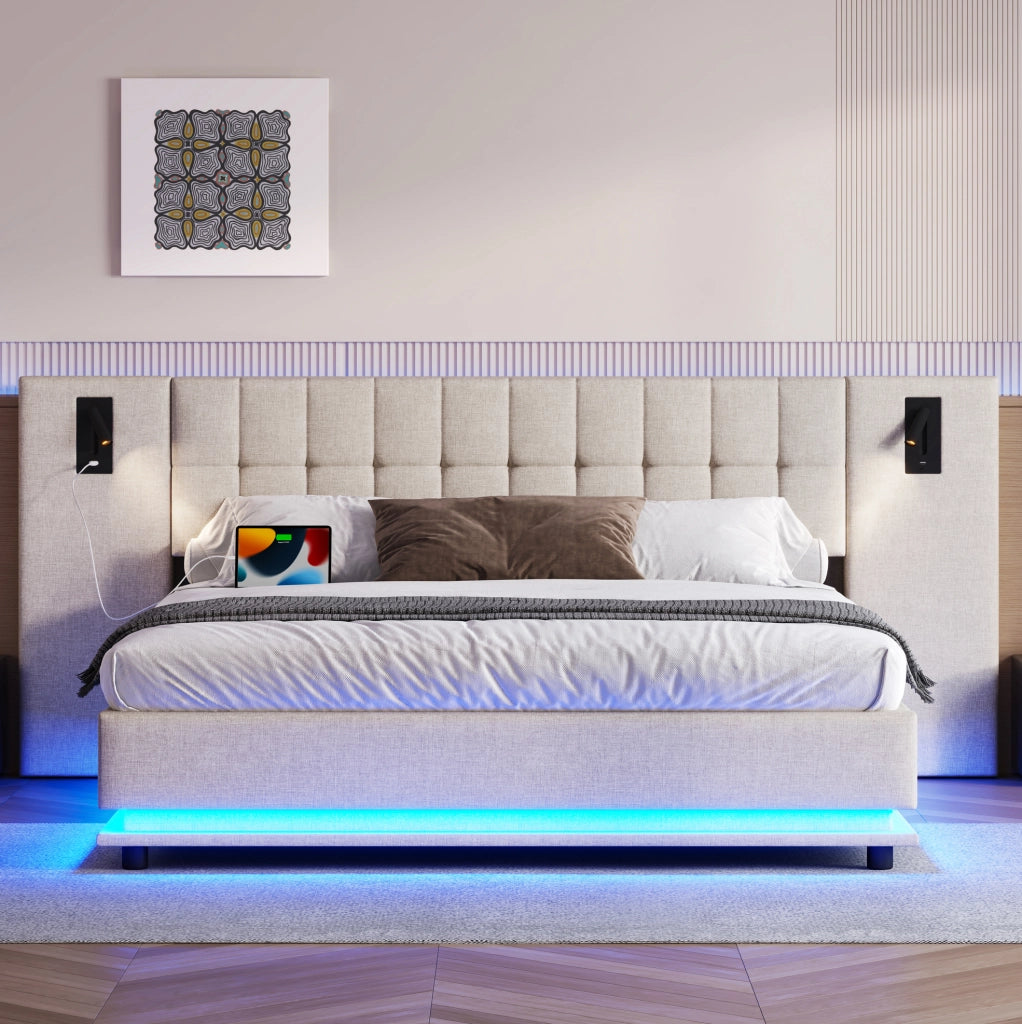 Letto imbottito 180x200 cm con LED; testiera con spot e USB; in lino beige