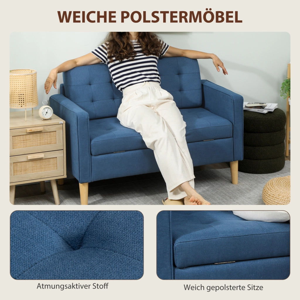 Divano 2 posti con contenitore ¨C zephmum ¨C blu, tessuto trapuntato, 117x62x78 cm