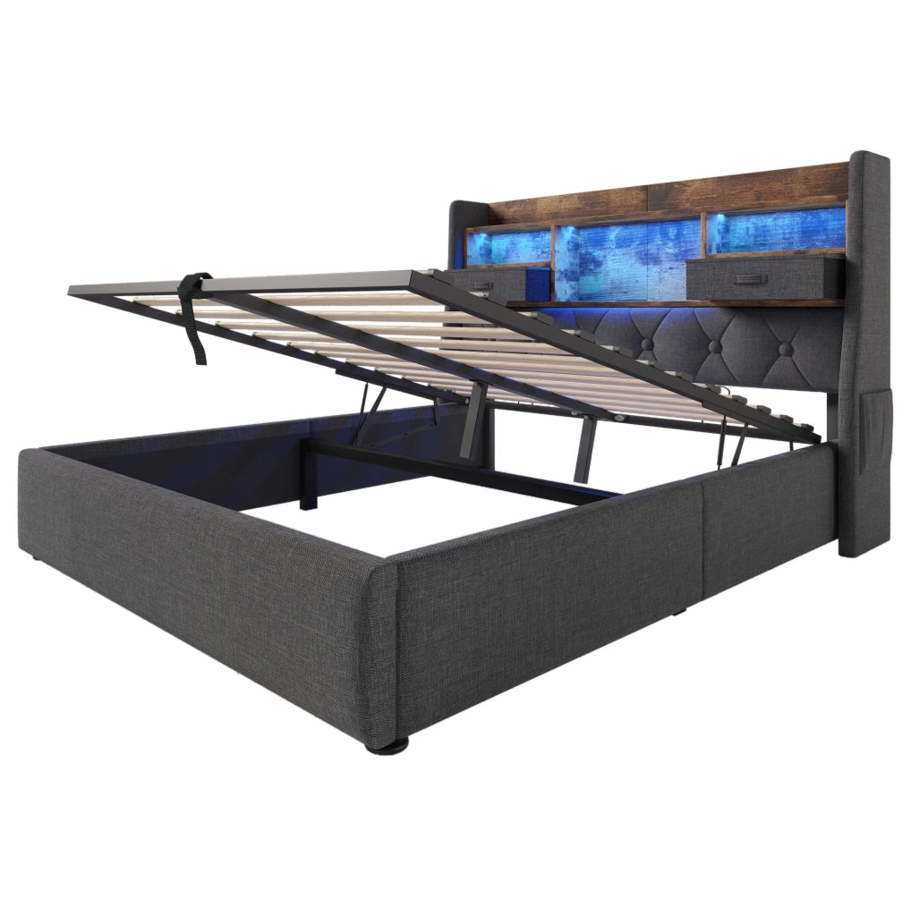 Letto contenitore idraulico 140 × 200 cm con LED; USB e Type-C; tessuto di lino grigio
