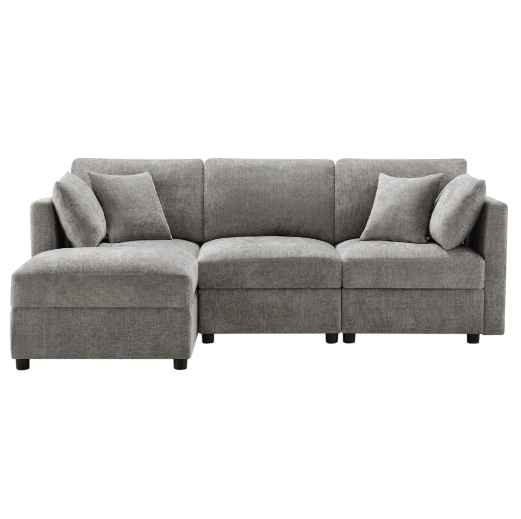 Divano angolare modulare a L con pouf; 3-4 posti; in tessuto Chenille grigio 218 x 156;5 x 86 cm