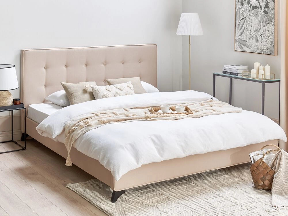 Letto Matrimoniale in Tessuto Beige Testiera Trapuntata 180 x 200 cm